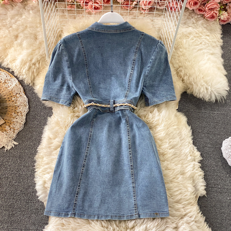 Robe en jean à revers et manches bouffantes 2965