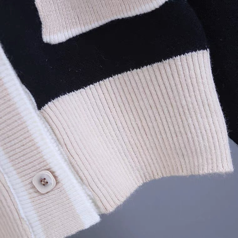 Cardigan de couleur contrastée, pull court col V 1404