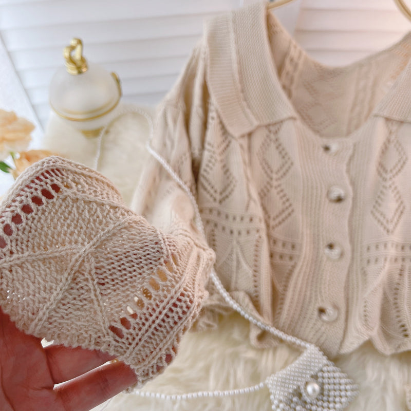 Cardigan court en maille ajourée pour femme en automne 1597