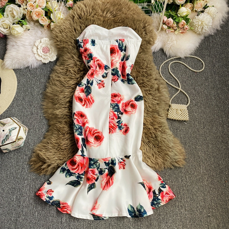Robe mi-longue sexy sans bretelles à volants et imprimé slim 3031