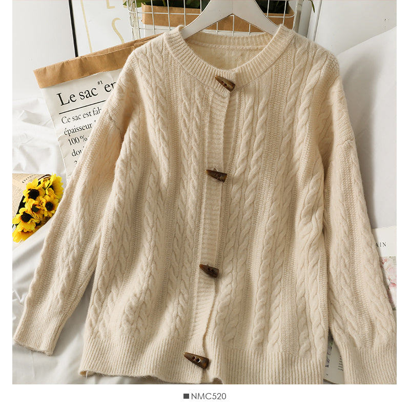 Pull femme couleur unie bouton corne de bœuf col rond pull 1825