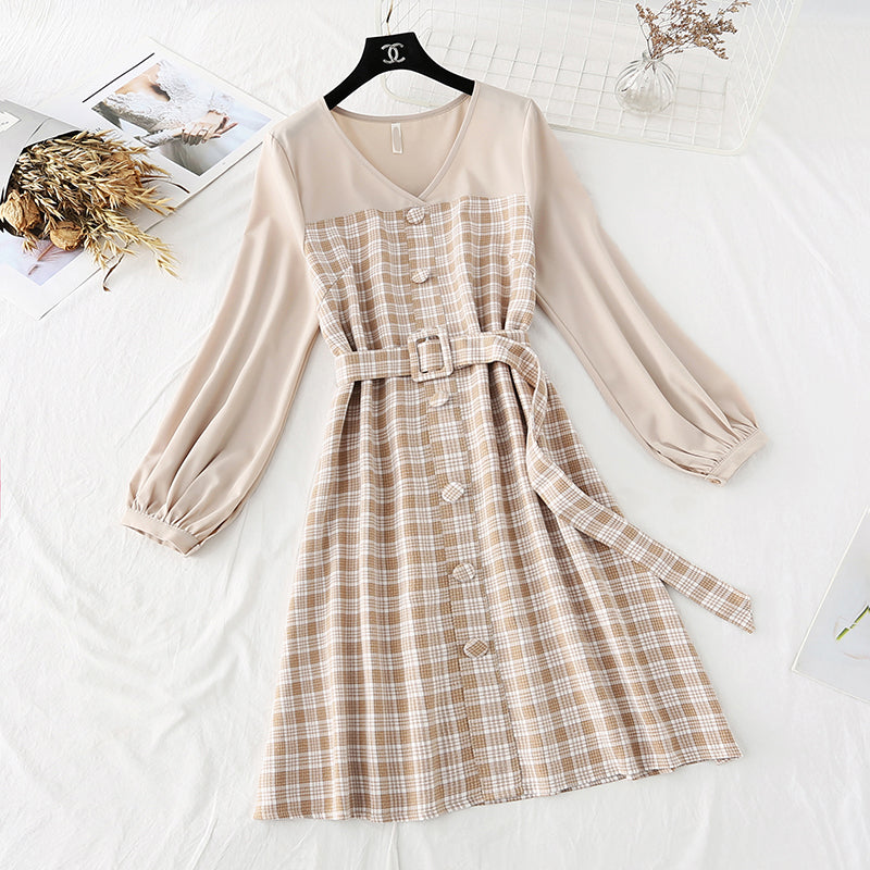 French Vintage plaid skirt fairy super fairy series long sleeve waist fashion 2301