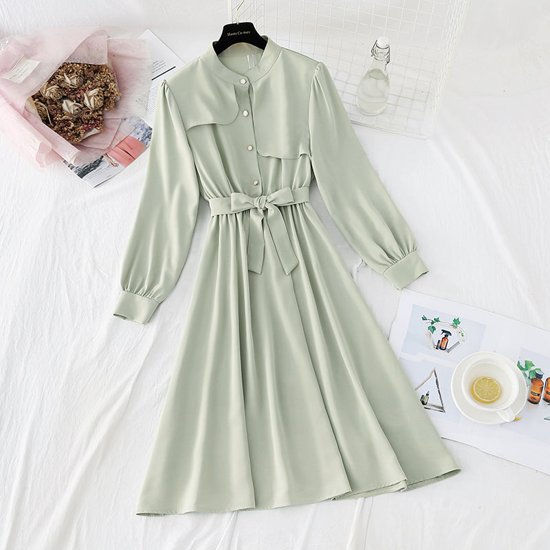 French knee length dress design sense of minority lace up solid color thin skirt 2150