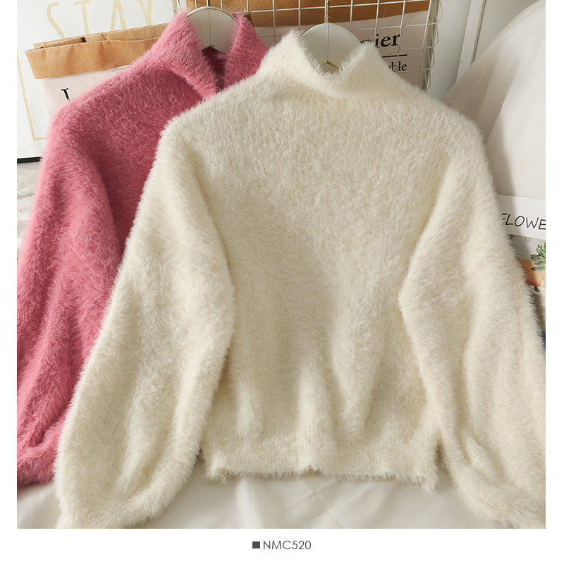 Pull femme en peluche col haut coupe slim couleur unie polyvalent haut à manches longues 1764