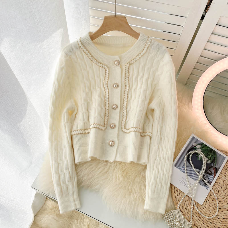 Nouveau style, petit vent mondain doux, tempérament, slim court, pull torsadé, manteau cardigan 1450
