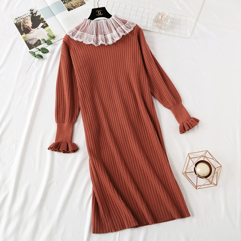French retro net red two piece suit doll collar lace backed knitted dress 2465