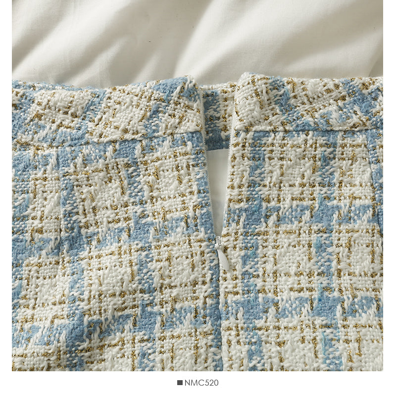 Jupe taille haute en tweed rétro de style Hong Kong pour femme 2548