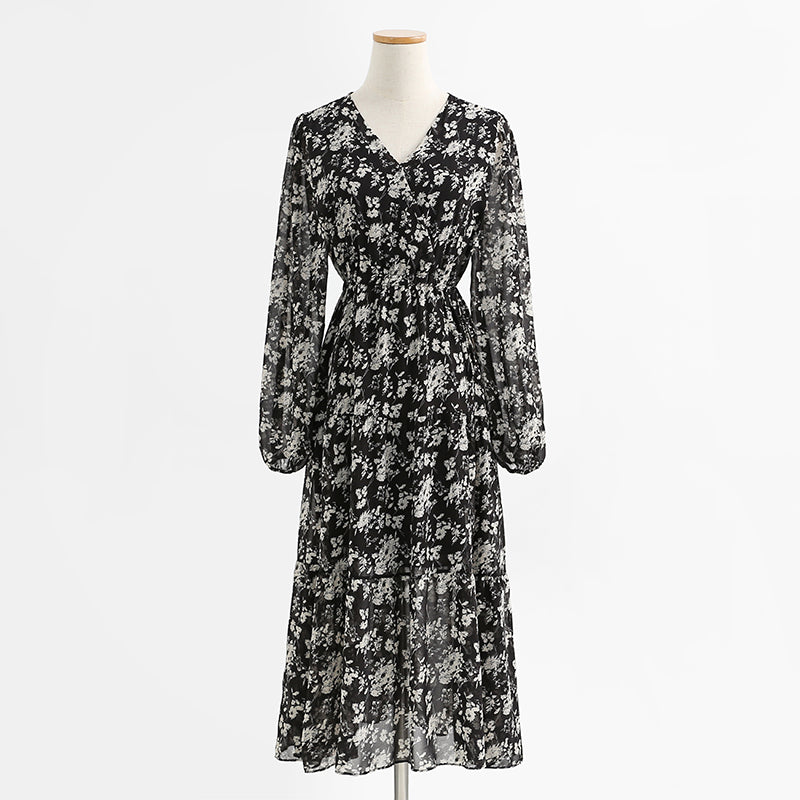 Temperament V-neck dress French waist closing thin chiffon long skirt 2280