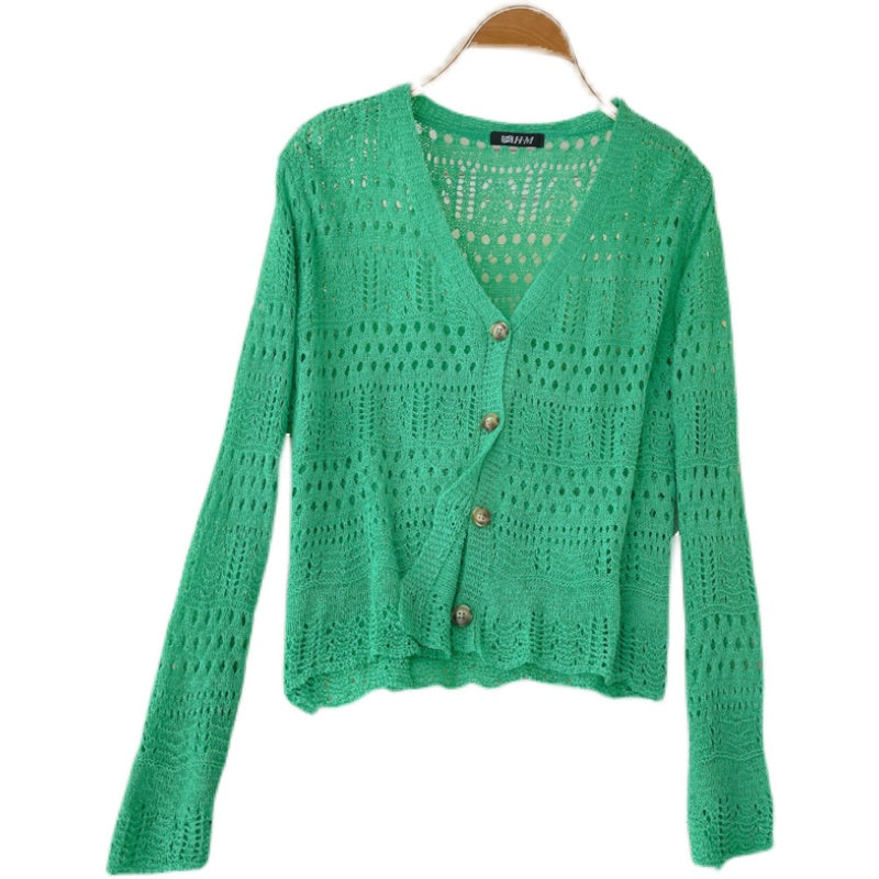 Cardigan tricoté vintage au crochet avec découpes et manches longues 1586