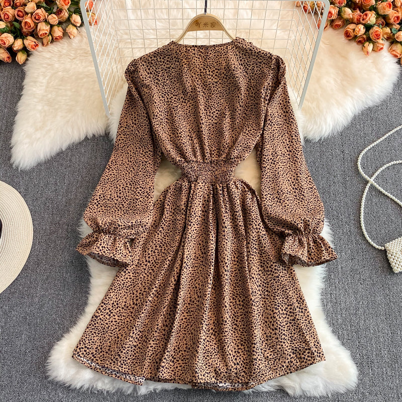 V-neck bubble sleeve small leopard print dress 3128