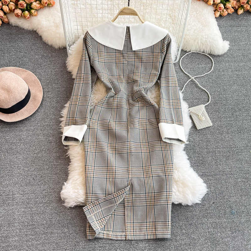 Xiaoxiangfeng doll neck high waist Plaid Dress 3387