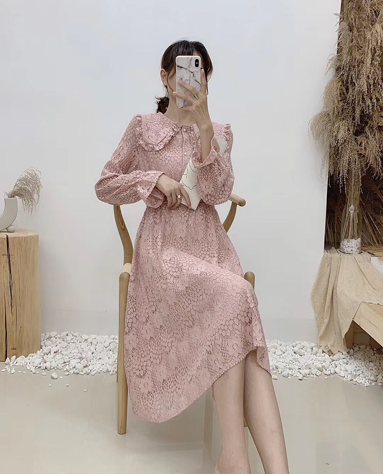New Lapel lace long sleeve high waist slim gentle long skirt 2390