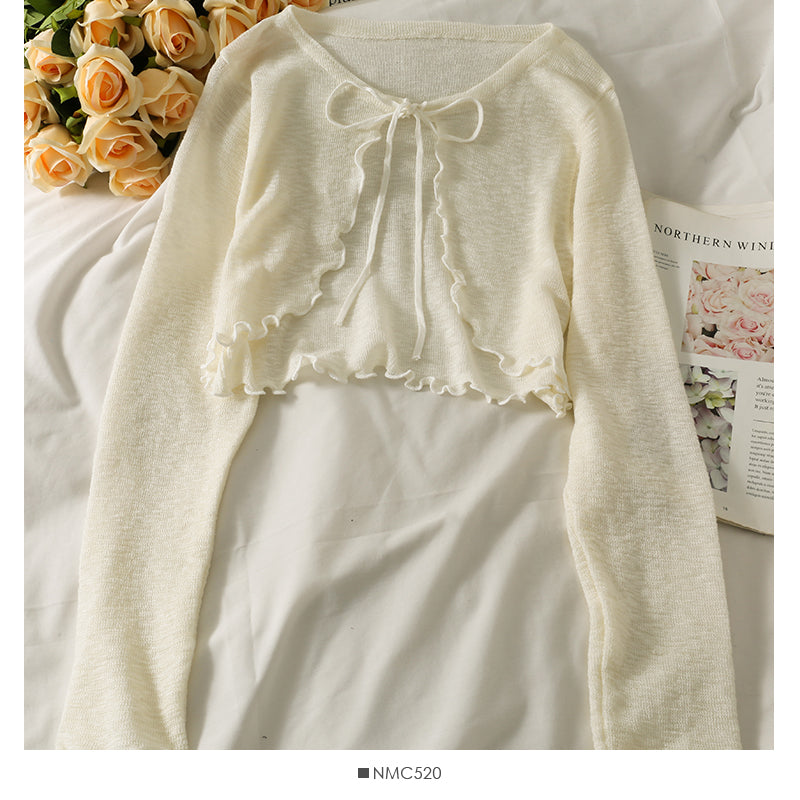 Petit châle français pour femme, pull fin à manches longues transparent en micro-maille 1696