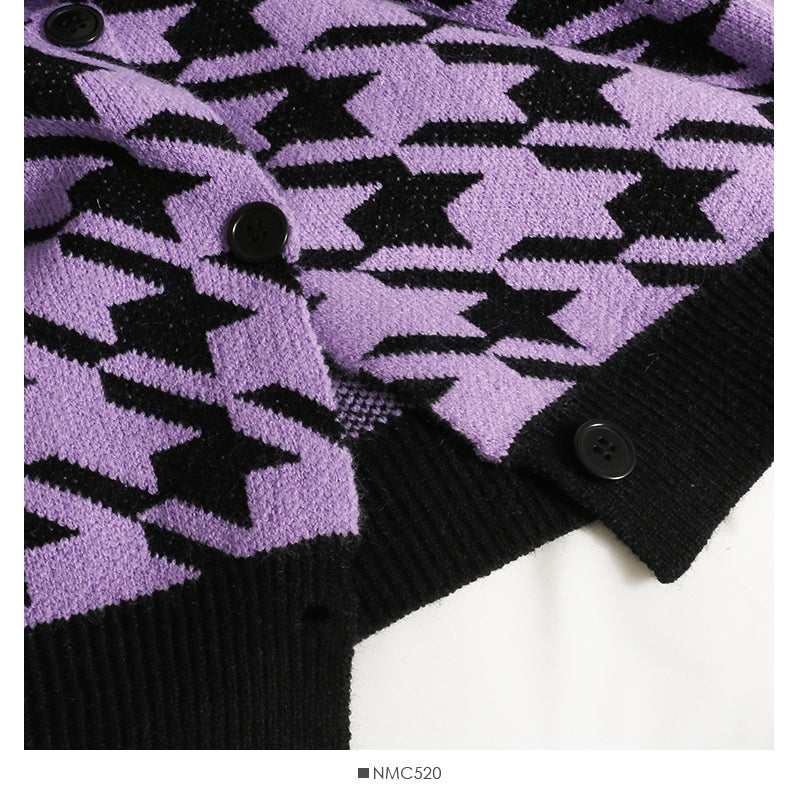 Pull cardigan à col en V à carreaux mille oiseaux violet taro assorti 2032
