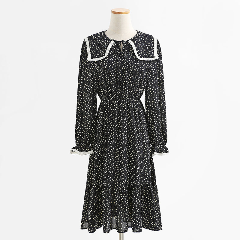 Slim baby collar coffee floral dress lace up dress 2321