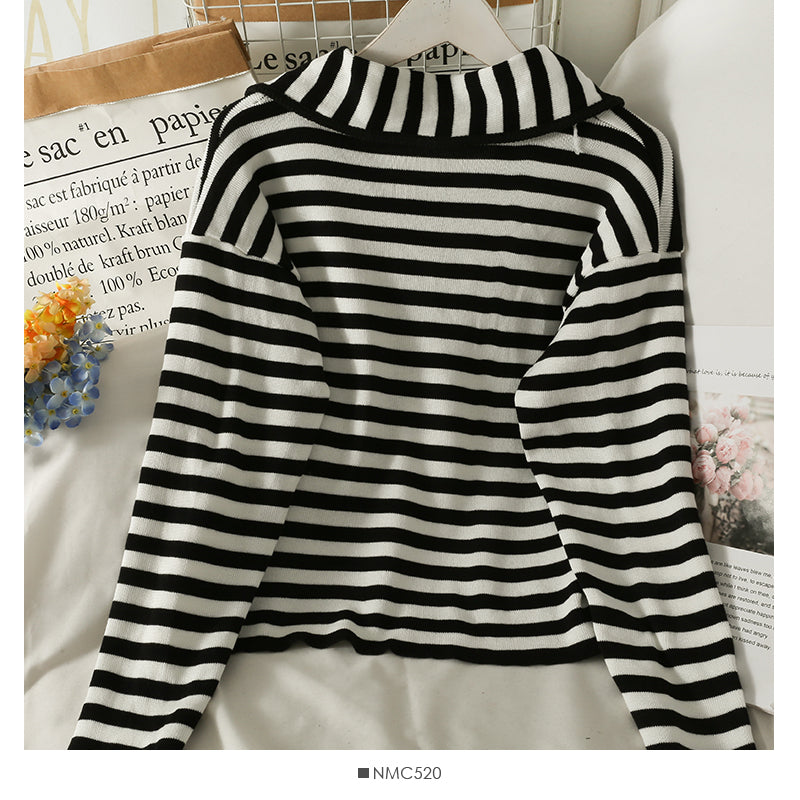 Autumn winter zipper doll neck stripe slim knit 2080