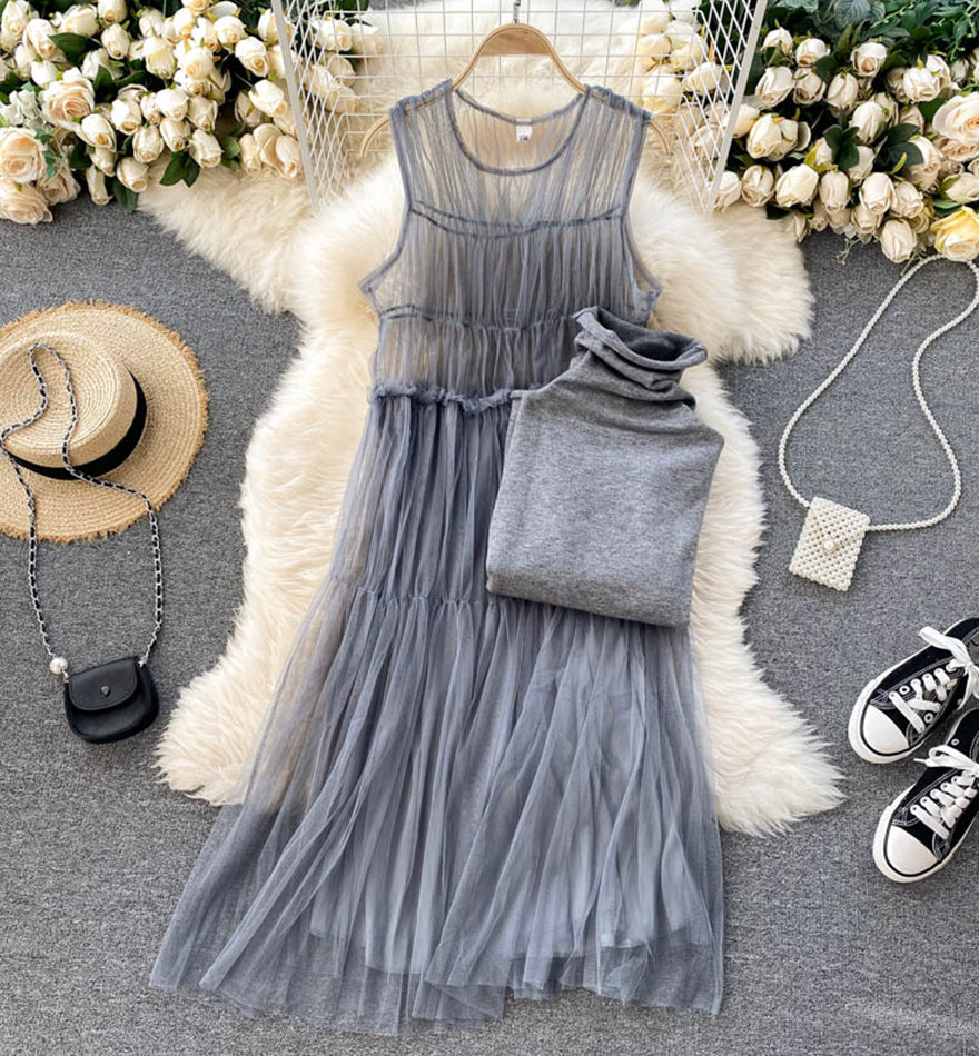 Stylish high neck bottoming shirt + sleeveless tulle dress two piece sets 1315