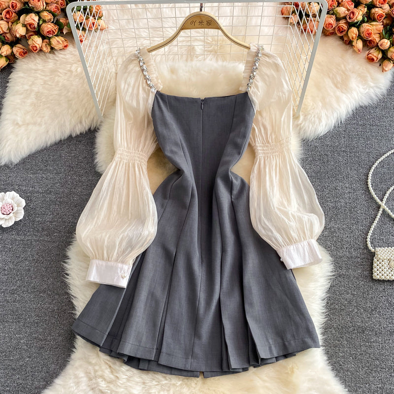 Robe trapèze à taille étroite, boutonnage simple, manches bouffantes, col carré, 3117