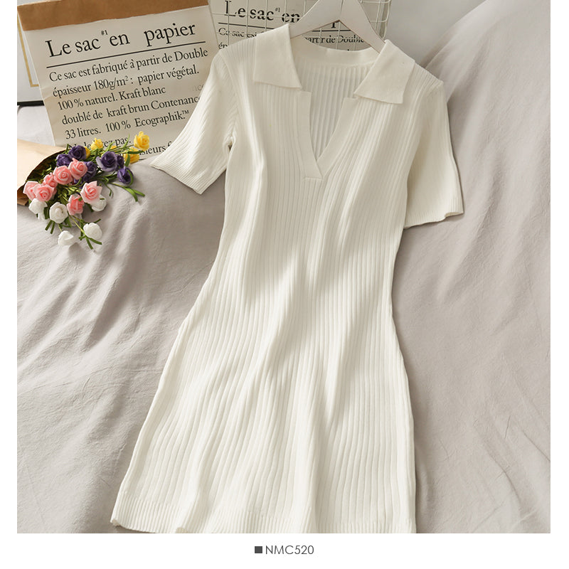 Simple and versatile solid color tight Lapel high waist wrap hip dress 2689