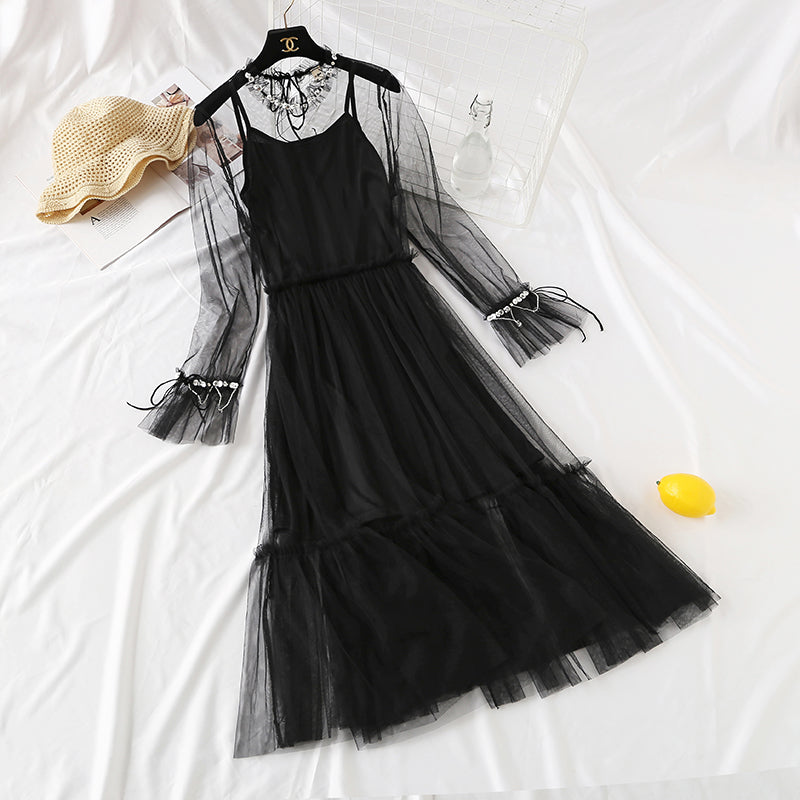 Mesh dress French elegant Sequin beaded lace up bottom skirt 2456