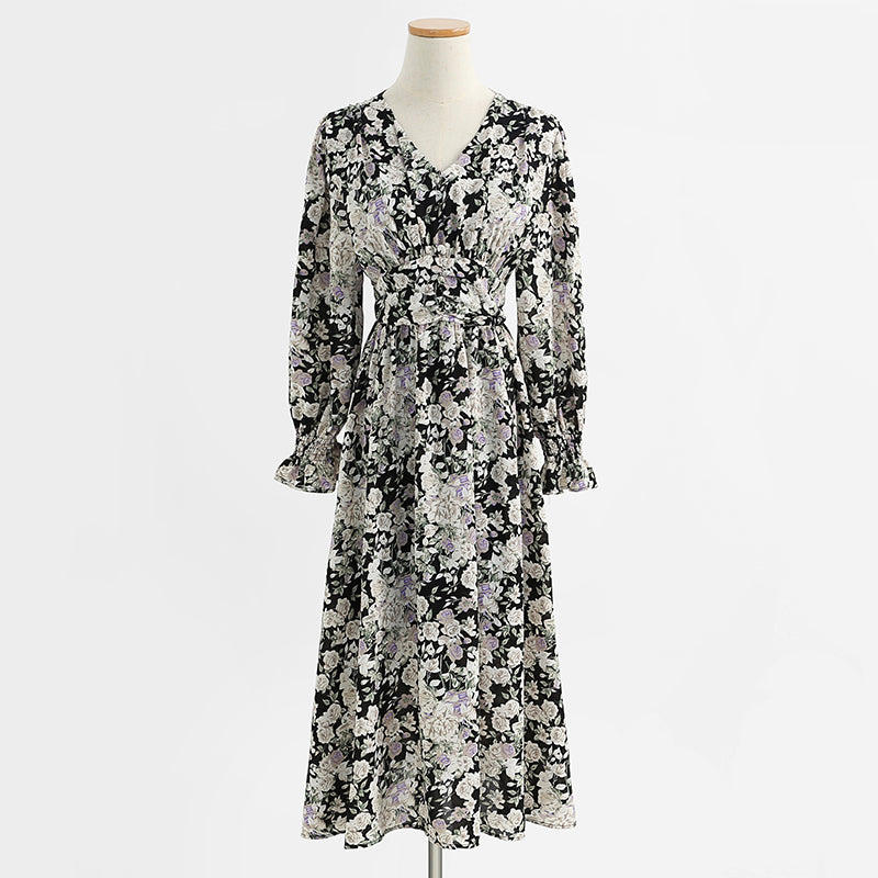 Long sleeve floral dress long fairy French Vintage Chiffon 2430