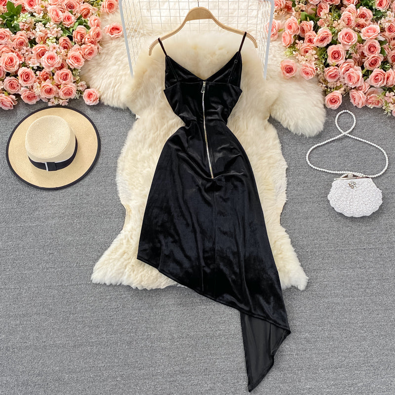 Suspender skirt female slim irregular velvet dress 2834