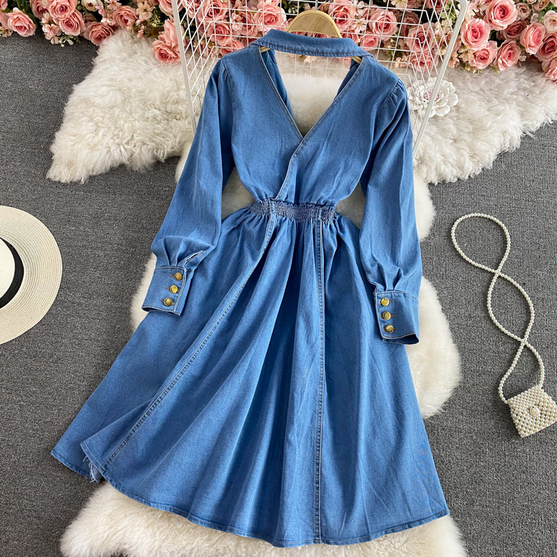 Temperament Lapel long sleeve backless denim dress 2960