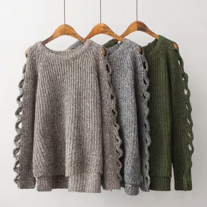 Nouveau pull d'automne et d'hiver creux de couleur unie pull ample épaissi et pull 1373
