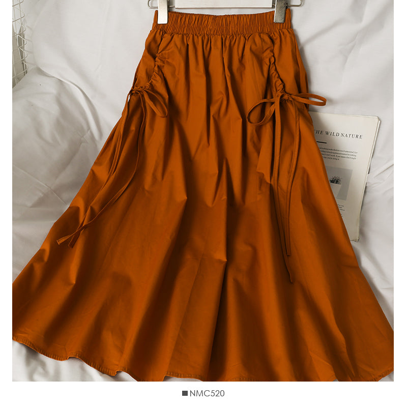 Elastic waist and thin two layers of solid color medium length A-line skirt for women 2589