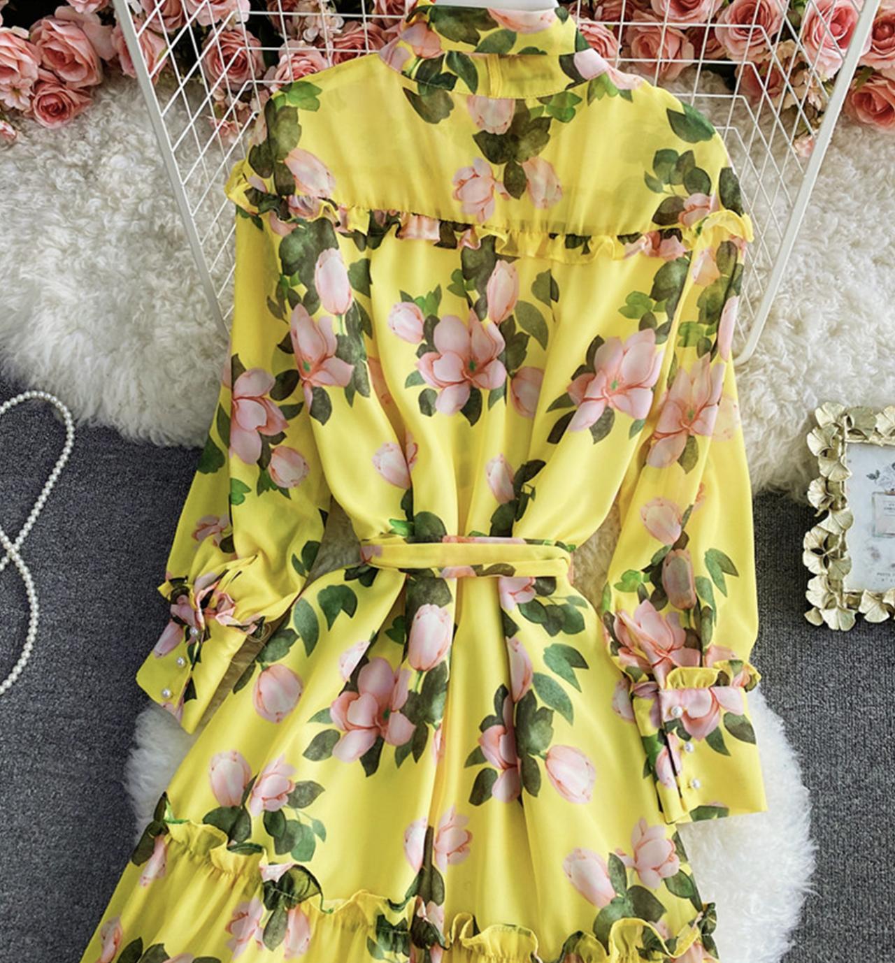 Yellow A line floral dress 1307