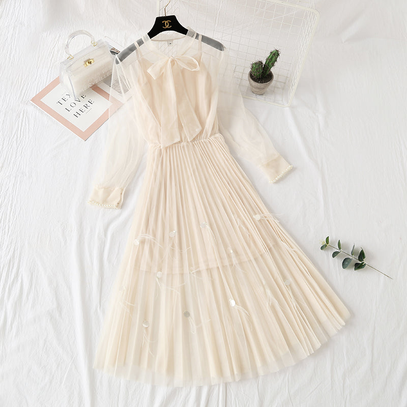 Dress feather nail bead long sleeve suspender bottomed skirt French girl long skirt 2286