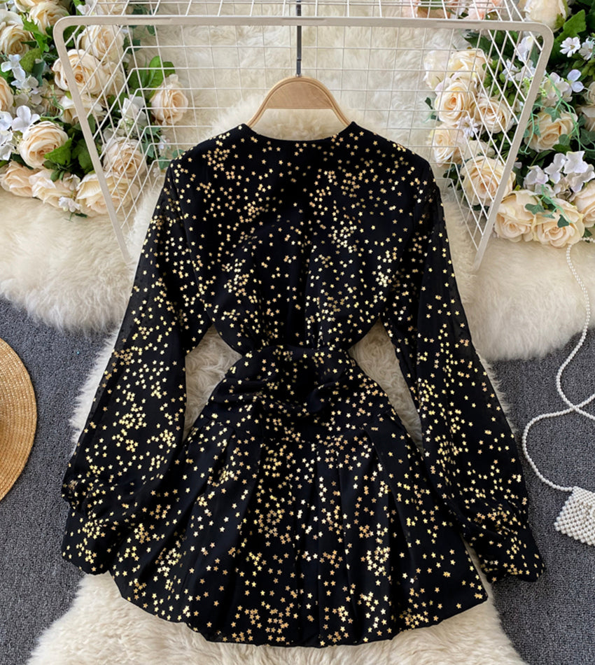 Stylish v neck short dress with stars 1313