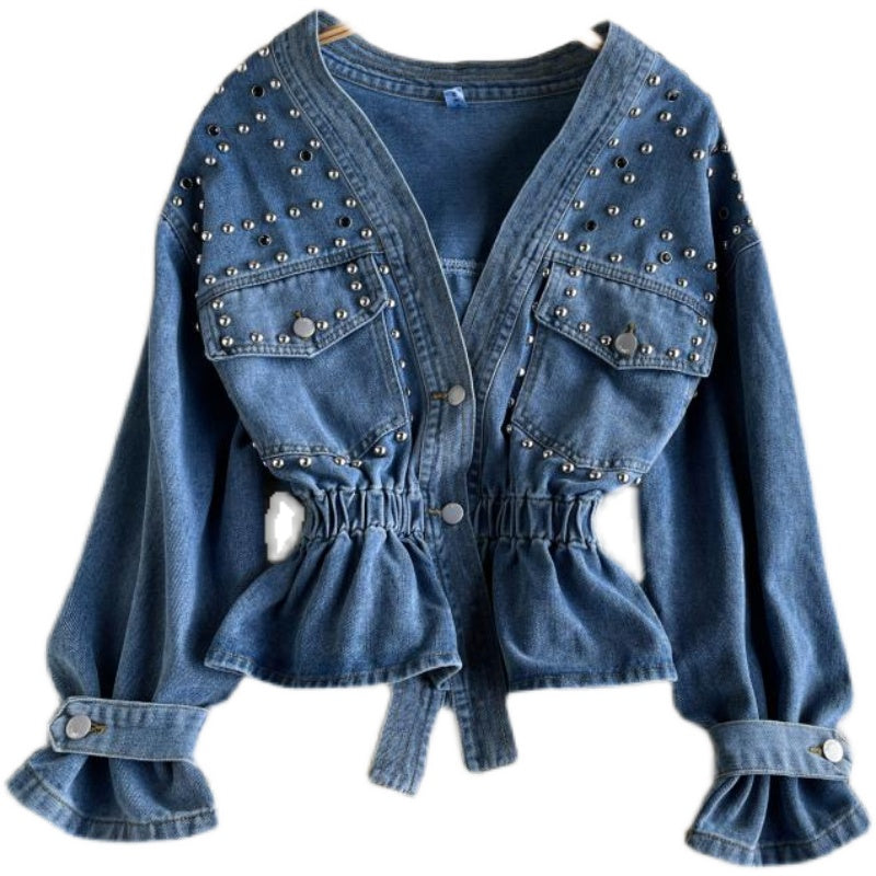 Waistband V-neck heavy industrial nail bead diamond design sense of minority denim jacket 1490