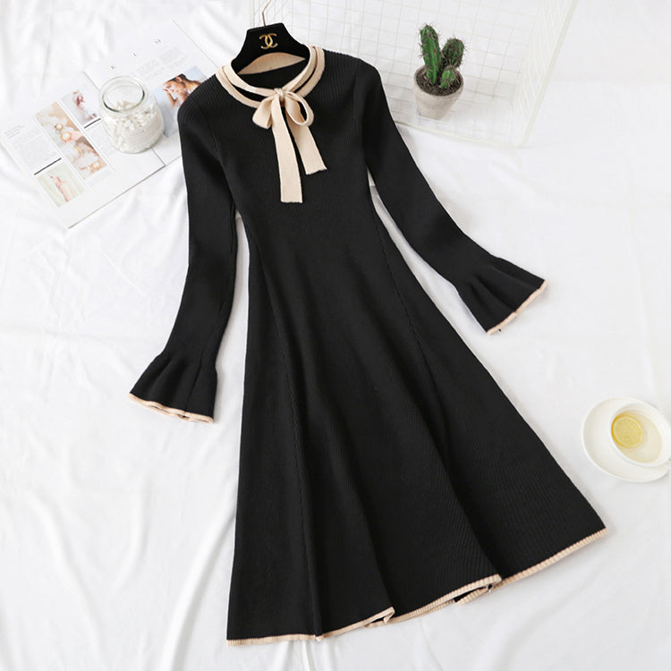 Knitted dress women's new French retro knee length wool dress 2144