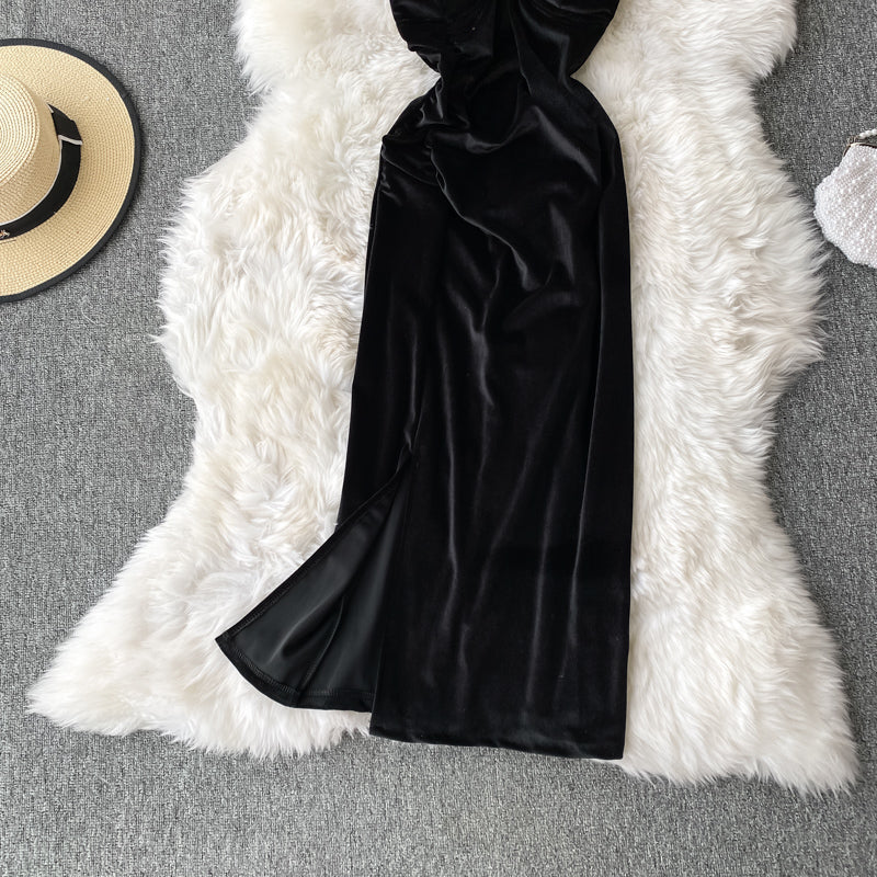 Robe en velours Hepburn vintage fendue Robe à bretelles sans bretelles 3142