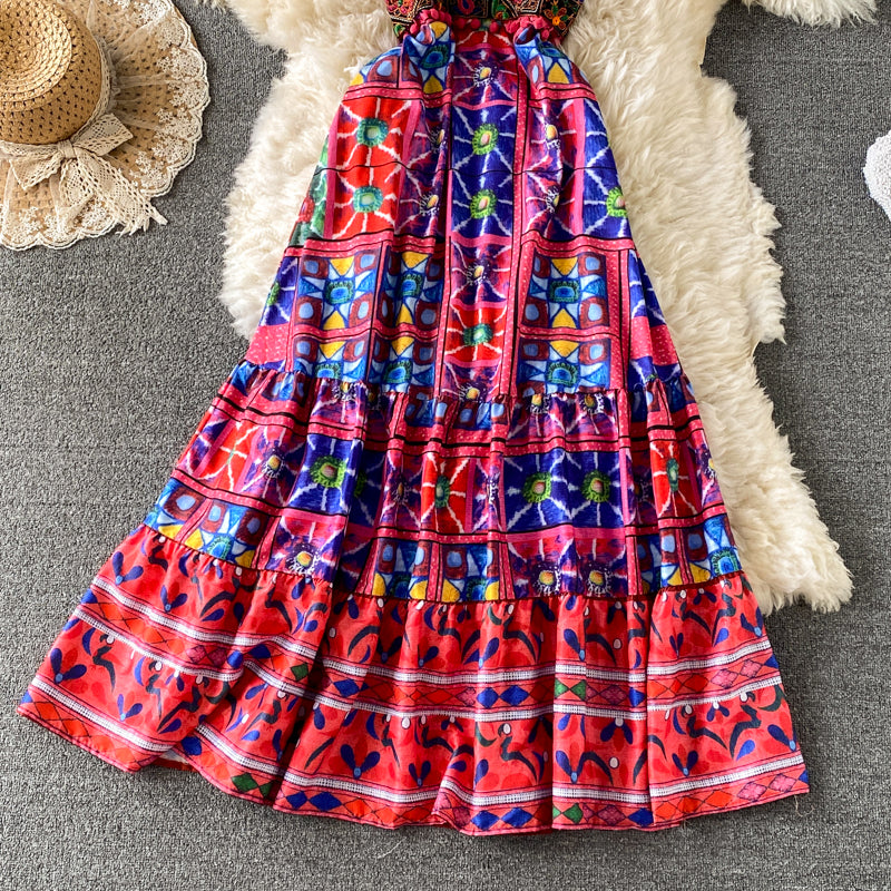 Printed ethnic embroidery suspender dress 3185