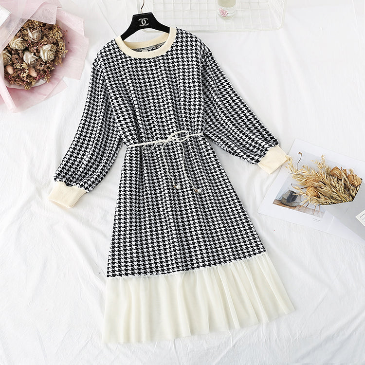 New French Vintage Plaid long sleeve waist closing slim skirt 2293