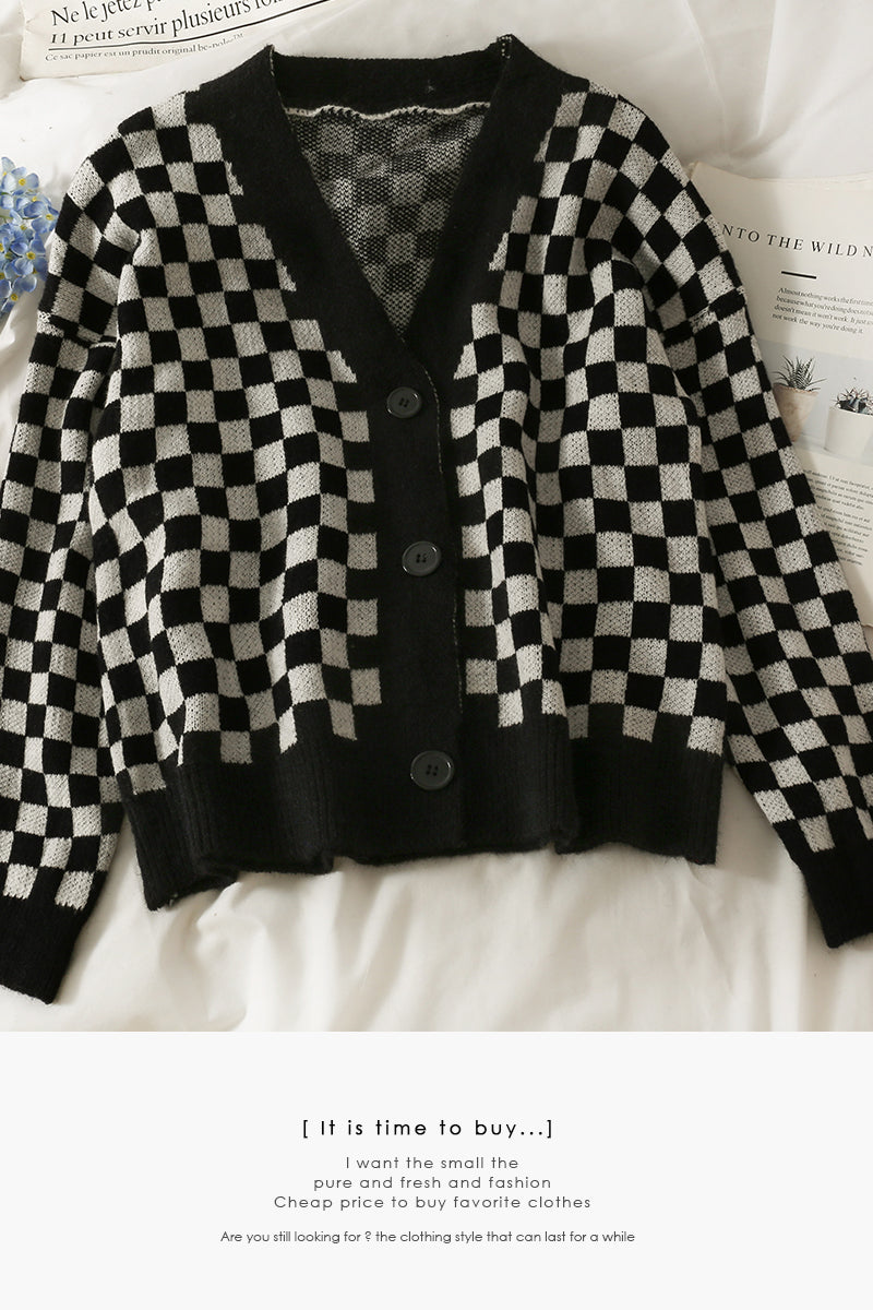 Cardigan à simple boutonnage, pull à carreaux, pull pour femme 1789