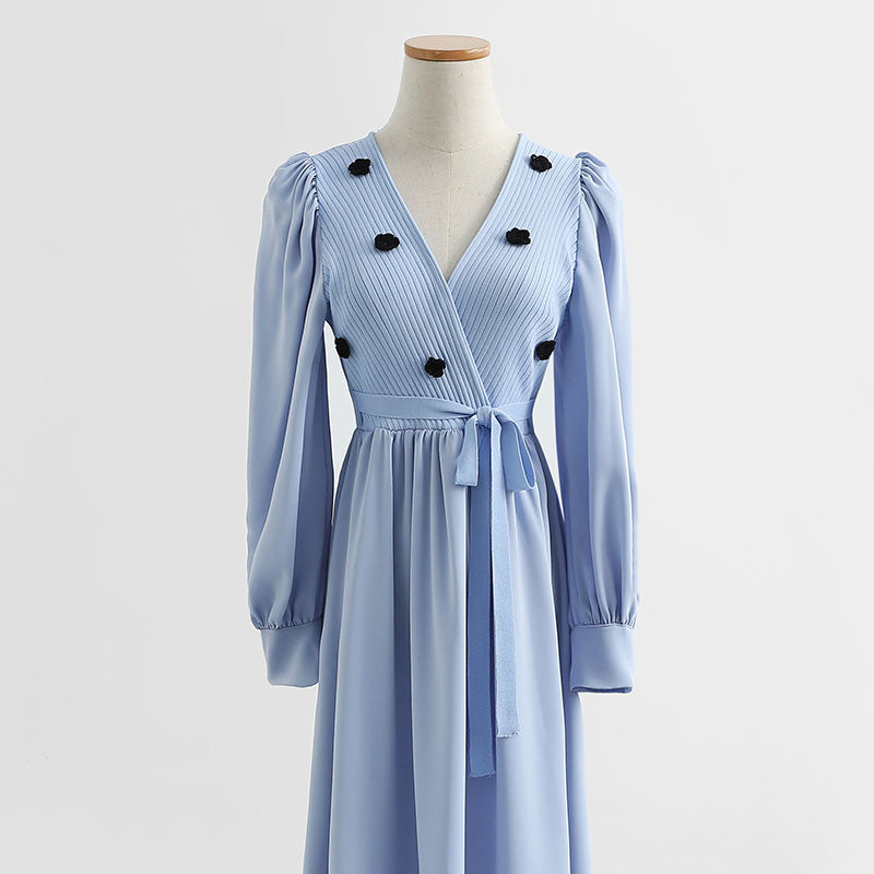 Gentle wind over the knee aging temperament thin embroidered wool dress 2231
