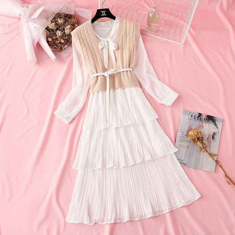 Net red sweater knitted vest chiffon cake skirt two piece suit 2292