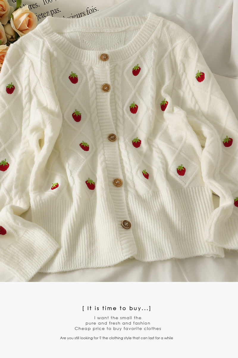 Pull cardigan brodé fraise vent doux femme 1719