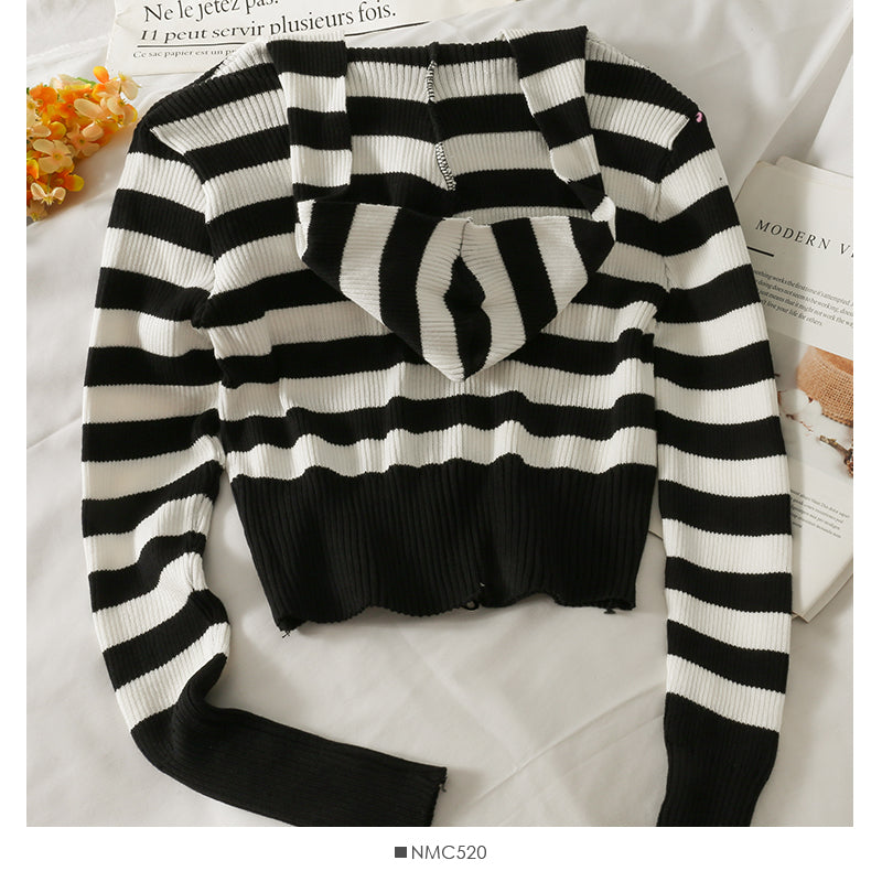 Pull à capuche slim rayé Cardigan zippé à manches longues 1766