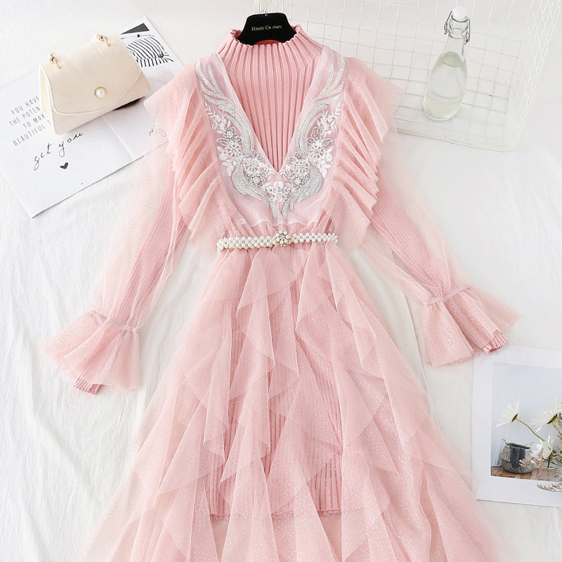Embroidered mesh two-piece set light mature and slim knit dress 2226