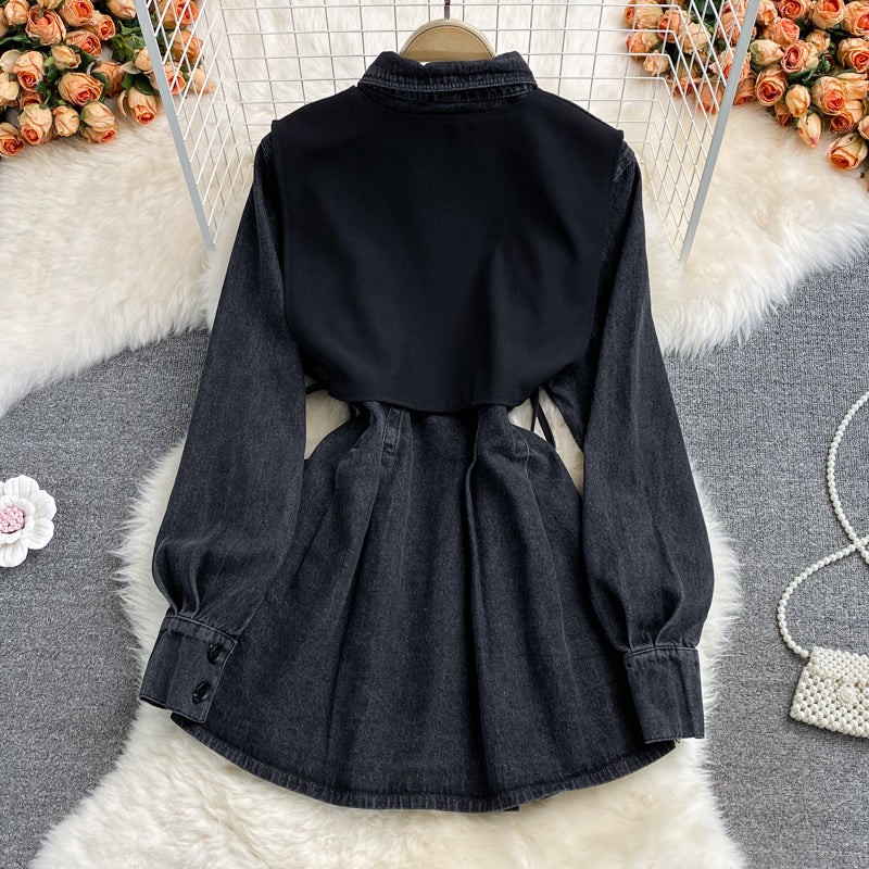 Robe en jean à taille fine, faux deux gilets, revers 3116