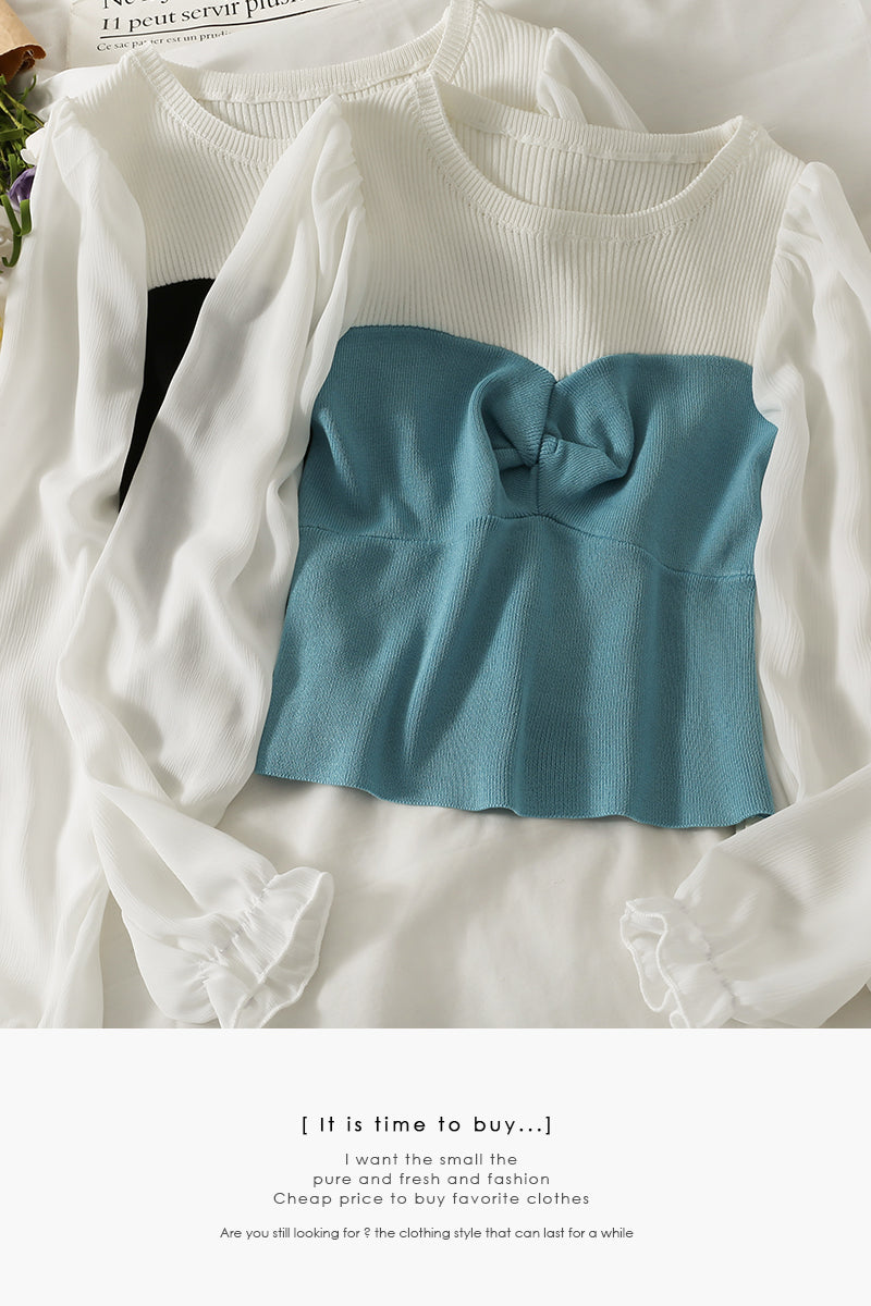 Pull froissé slim de couleur contrastée Han Fan pour femme 1721