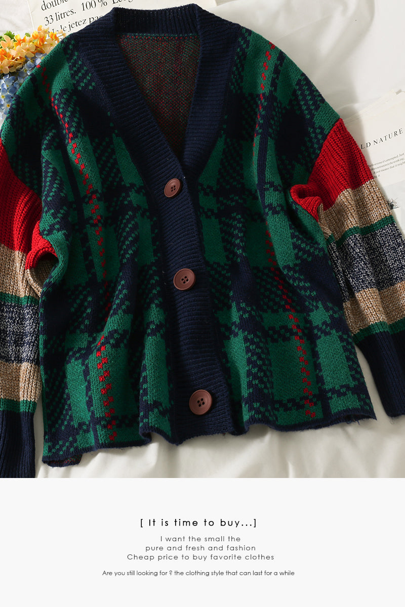 Pull cardigan à carreaux style Hong Kong à boutonnage simple 1795