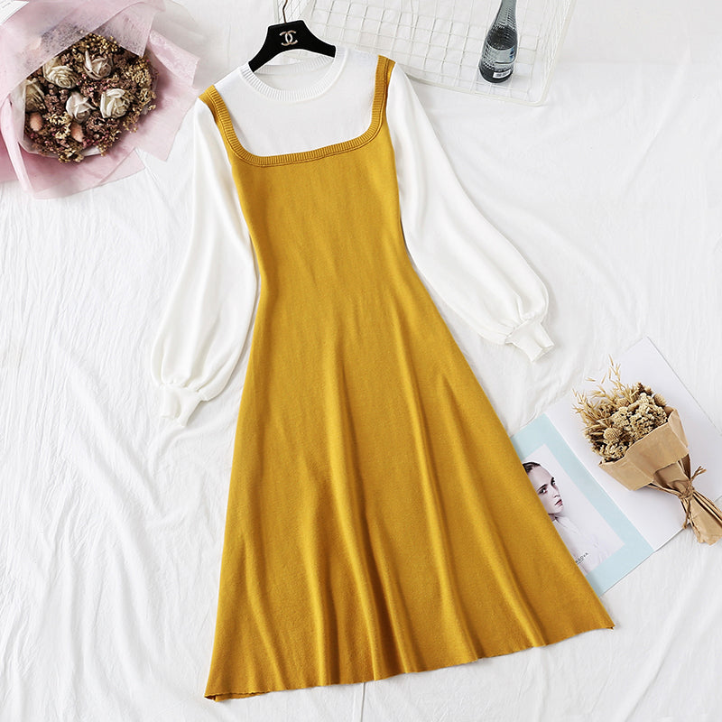 New French retro color matching college slim bottomed sweater long skirt 2424