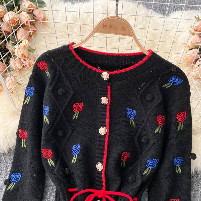 Cardigan en tricot, vintage, broderie de fleurs, pull ample à manches longues, haut à bretelles spaghetti à paragraphe court, doux deux ensembles 1339