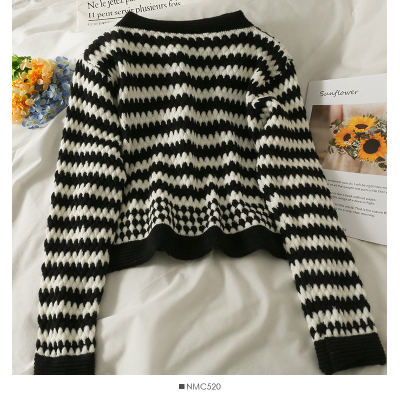 Nouveau cardigan à boutonnage simple à rayures contrastées de couleur pour femme 2046