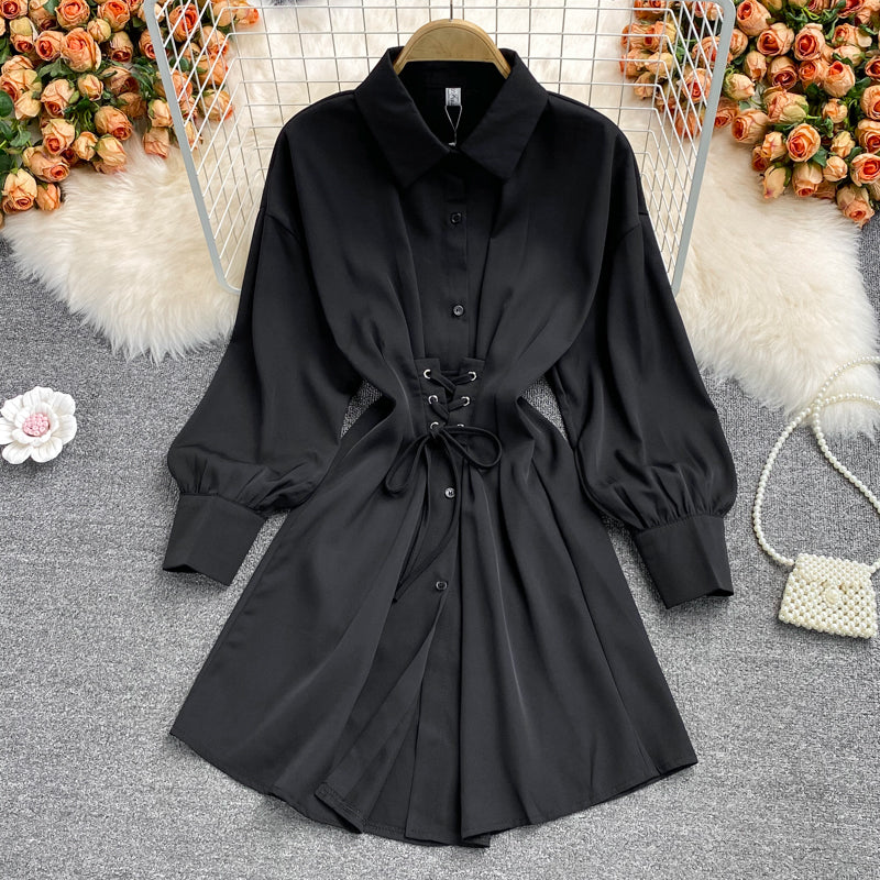 Women's waist closing temperament thin Lapel dress 2863